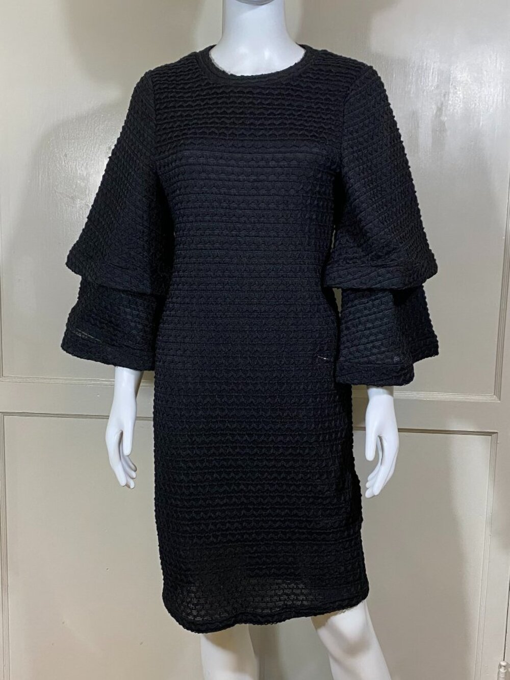 EIEN Double Bell Sleeve Black Midi Stretchy Knit Dress Women's Size Medium Goth